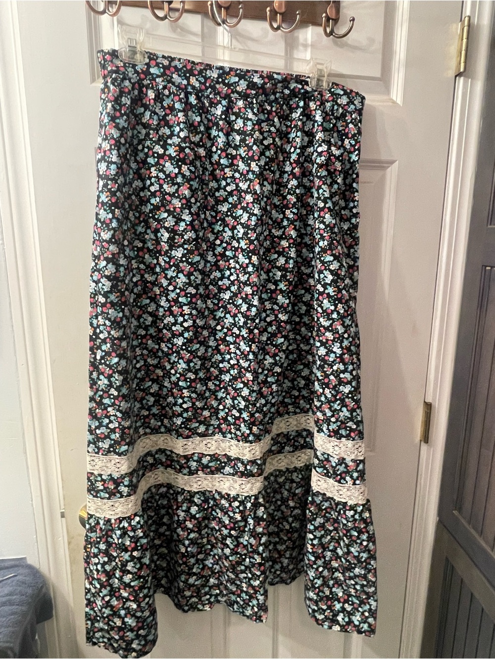 Modcloth Black Floral Maxi Skirt with Cream Lace Bands